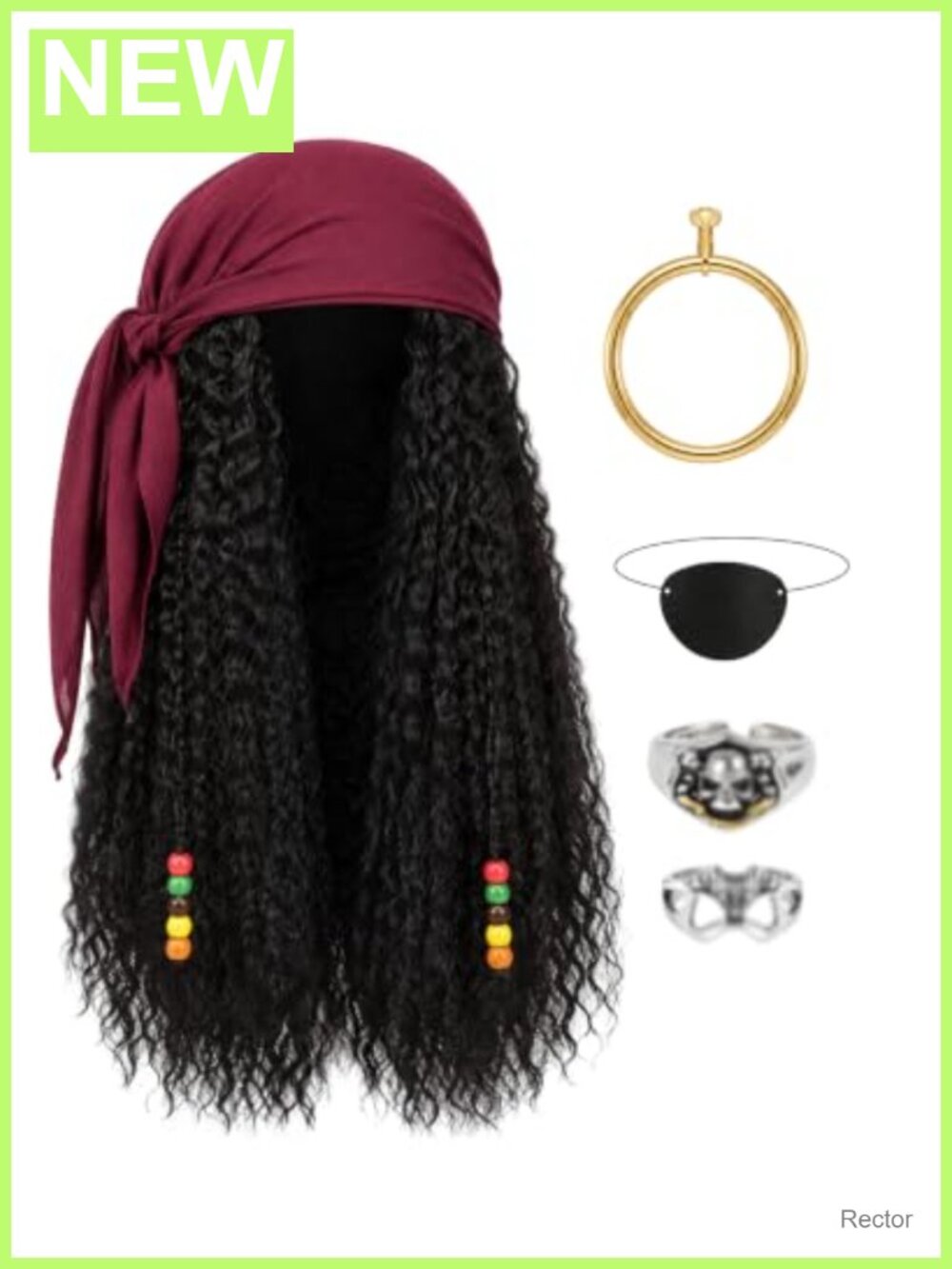 Pirate Costume Wig Set with Bandana, Eyepatch, Rings